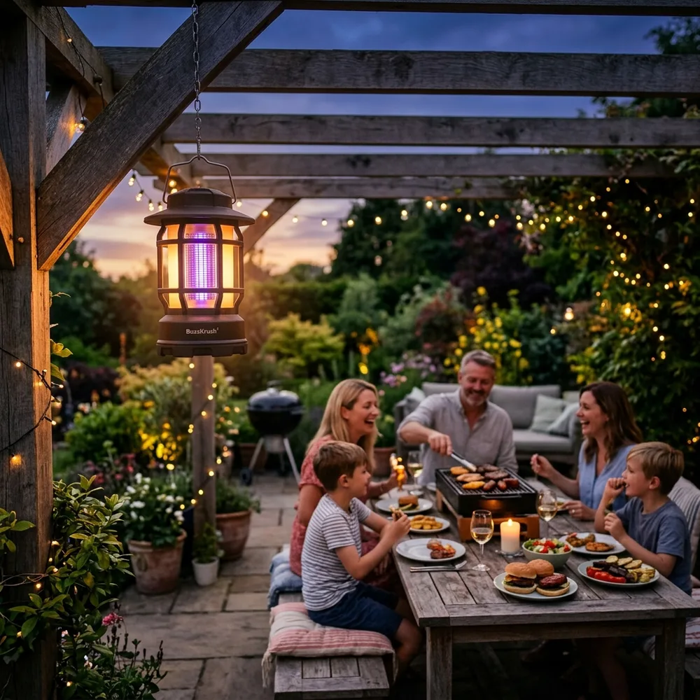 Family enjoying barbecue meal with BuzzKrush lantern zapper